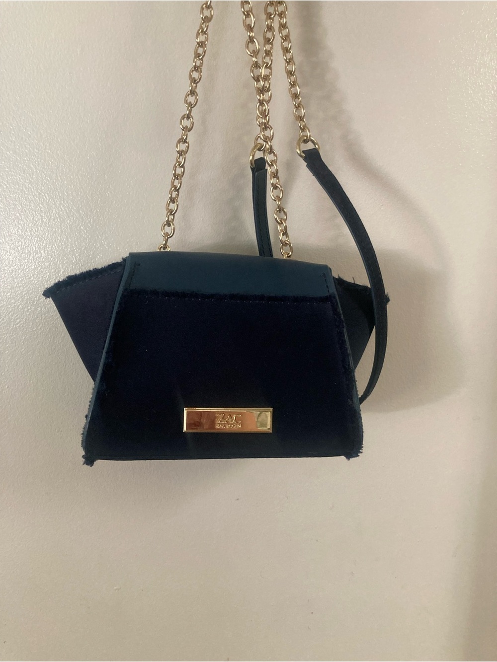 ZAC Zac Posen Navy Velvet Crossbody with Gold Chain Strap